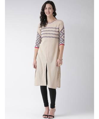 Women's Beige Cotton Below Knee Kurta 5