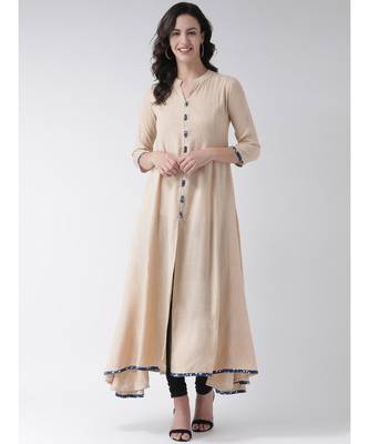 Women's Beige Cotton Calf Length Kurta 1