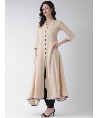 Women's Beige Cotton Calf Length Kurta 2