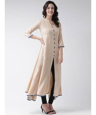 Women's Beige Cotton Calf Length Kurta 3