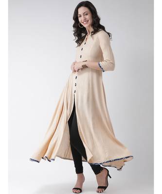 Women's Beige Cotton Calf Length Kurta 5
