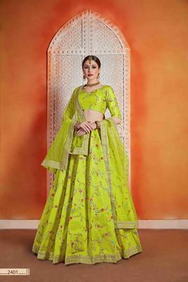 Green  Embroidered Art Silk Unstitched Lehenga 1