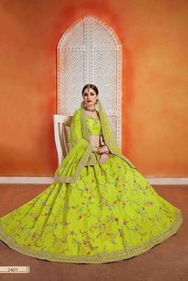 Green  Embroidered Art Silk Unstitched Lehenga 2