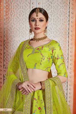 Green  Embroidered Art Silk Unstitched Lehenga 3