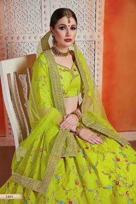 Green  Embroidered Art Silk Unstitched Lehenga 4