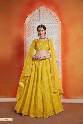 Yellow  Embroidered Art Silk Unstitched Lehenga 1