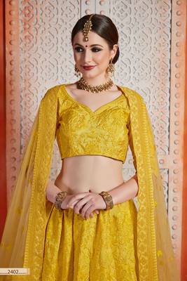 Yellow  Embroidered Art Silk Unstitched Lehenga 2