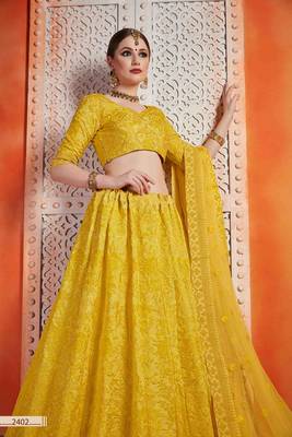 Yellow  Embroidered Art Silk Unstitched Lehenga 4