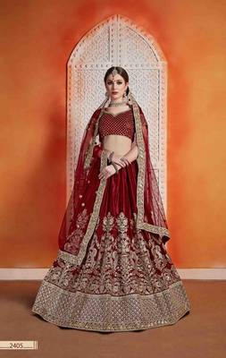Maroon  Embroidered Velvet Unstitched Lehenga 1