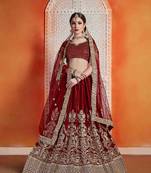 Maroon  Embroidered Velvet Unstitched Lehenga
