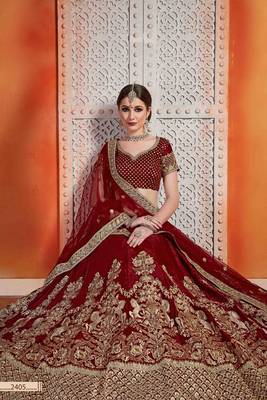 Maroon  Embroidered Velvet Unstitched Lehenga 3