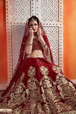 Maroon  Embroidered Velvet Unstitched Lehenga 4