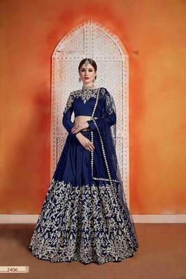 Navy Blue  Embroidered Art Silk Unstitched Lehenga 1