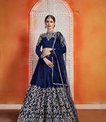 Navy Blue  Embroidered Art Silk Unstitched Lehenga