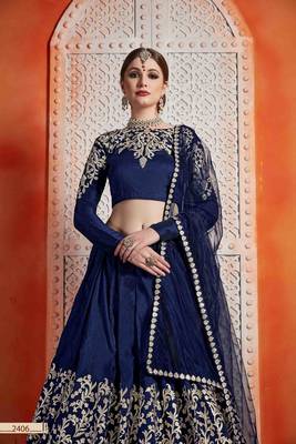 Navy Blue  Embroidered Art Silk Unstitched Lehenga 2