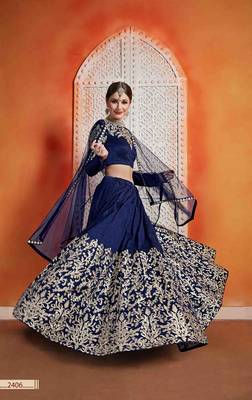 Navy Blue  Embroidered Art Silk Unstitched Lehenga 3