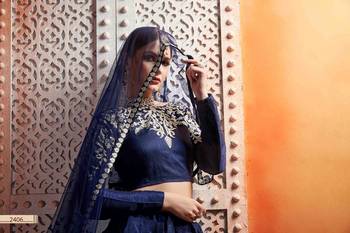 Navy Blue  Embroidered Art Silk Unstitched Lehenga 4