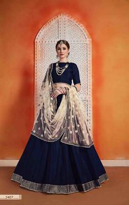 Navy Blue  Embroidered Art Silk Unstitched Lehenga 1