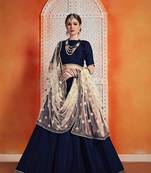 Navy Blue  Embroidered Art Silk Unstitched Lehenga
