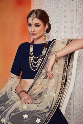 Navy Blue  Embroidered Art Silk Unstitched Lehenga 2