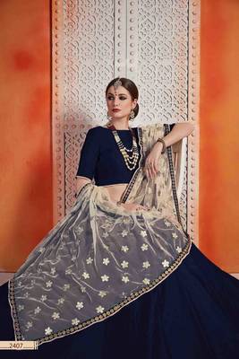 Navy Blue  Embroidered Art Silk Unstitched Lehenga 3