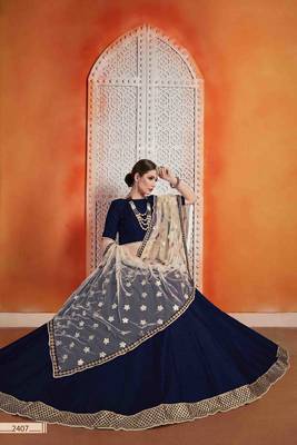 Navy Blue  Embroidered Art Silk Unstitched Lehenga 4