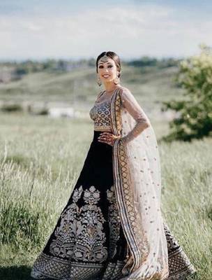 Black embroidered cotton semi stitched lehenga 1
