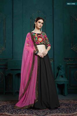 Black Embroidered Georgette Semi Stitched Lehenga 1