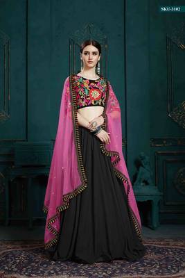 Black Embroidered Georgette Semi Stitched Lehenga 2