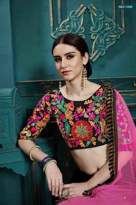 Black Embroidered Georgette Semi Stitched Lehenga 4