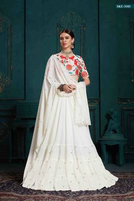 White Embroidered Georgette Semi Stitched Lehenga 4