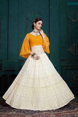 White Embroidered Georgette Semi Stitched Lehenga 2