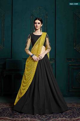 Black Embroidered Georgette Semi Stitched Lehenga 1