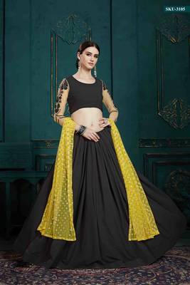 Black Embroidered Georgette Semi Stitched Lehenga 2