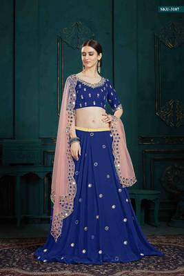 Navy Blue Embroidered Georgette Semi Stitched Lehenga 1