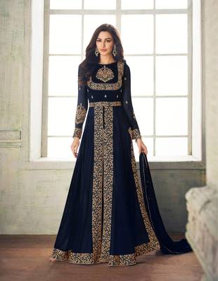 Blue Embroidered Faux Georgette Anarakali With Dupatta 1