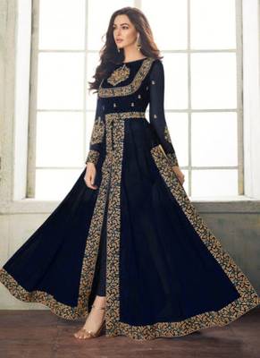 Blue Embroidered Faux Georgette Anarakali With Dupatta 2