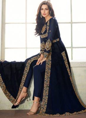 Blue Embroidered Faux Georgette Anarakali With Dupatta 3