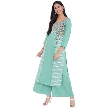 Turquoise printed rayon kurtas-and-kurtis 1