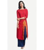 Red embroidered viscose kurtas-and-kurtis