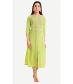 Green embroidered viscose kurtas-and-kurtis