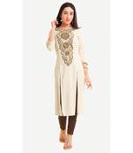 Cream embroidered viscose kurtas-and-kurtis