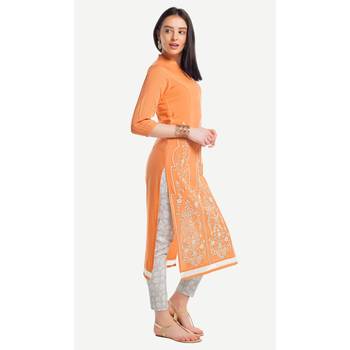 Orange embroidered viscose kurtas-and-kurtis 2