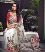 White Georgette Embroidered Saree With Blouse 