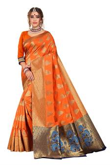Women's Orange Traditional Banarasi Art Silk Zari work Saree