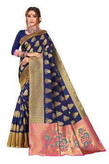 Women's Navy Traditional Banarasi Art Silk Zari work Saree