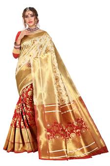 Women's Beige Half and Half Banarasi Art Silk Zari work Saree