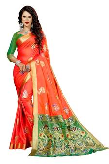 Women's Orange Kanjivaram style Traditional Banarasi Art Silk Zari work Saree