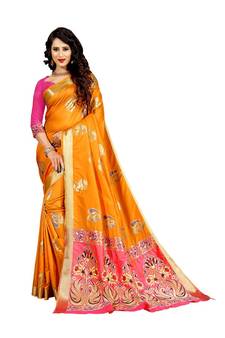 Women's Mustard Kanjivaram style Traditional Banarasi Art Silk Zari work Saree
