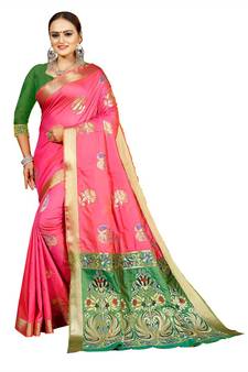 Women's Pink Kanjivaram style Traditional Banarasi Art Silk Zari work Saree